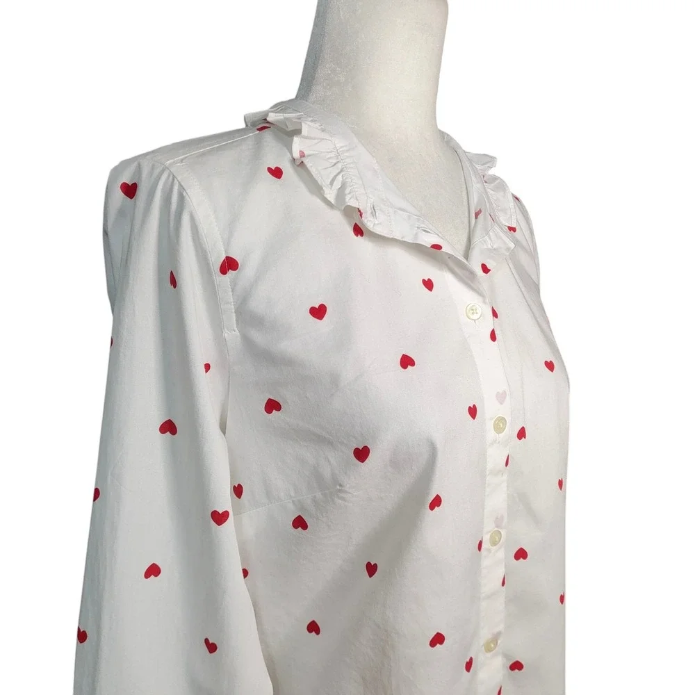 J. Crew NEW Heart Print Button Down Shirt White Ruffle Collar Cute Small NWT